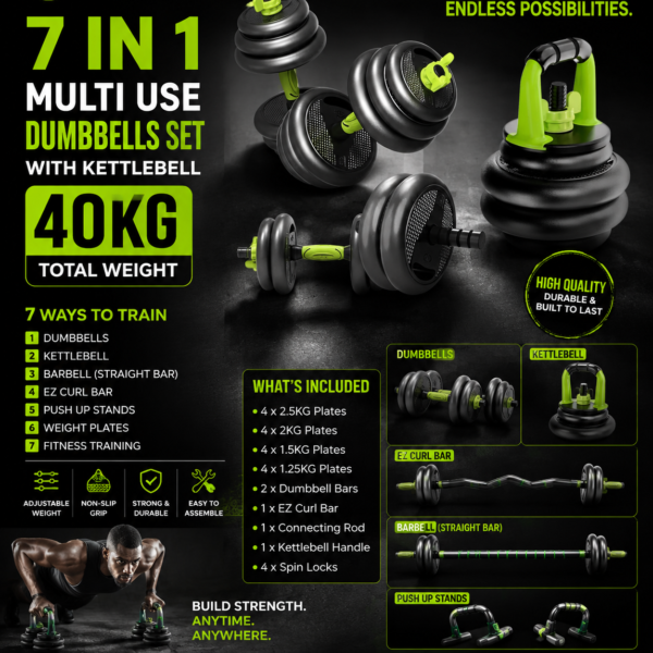 (7 in one 40KG)  Multi Use Dumbbells Set with Kettlebell
