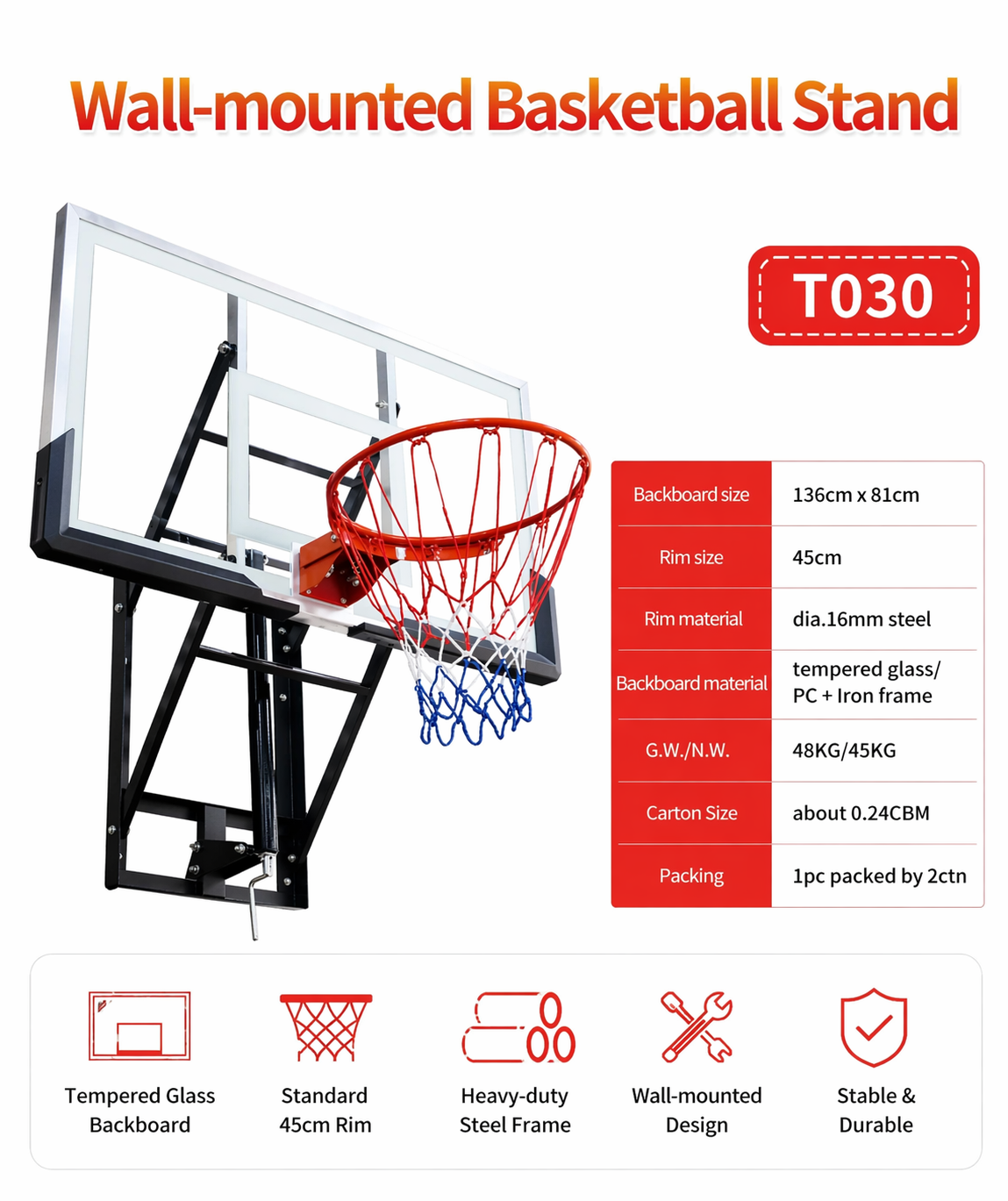 Wall-Mounted Basketball Stand (Model T030)