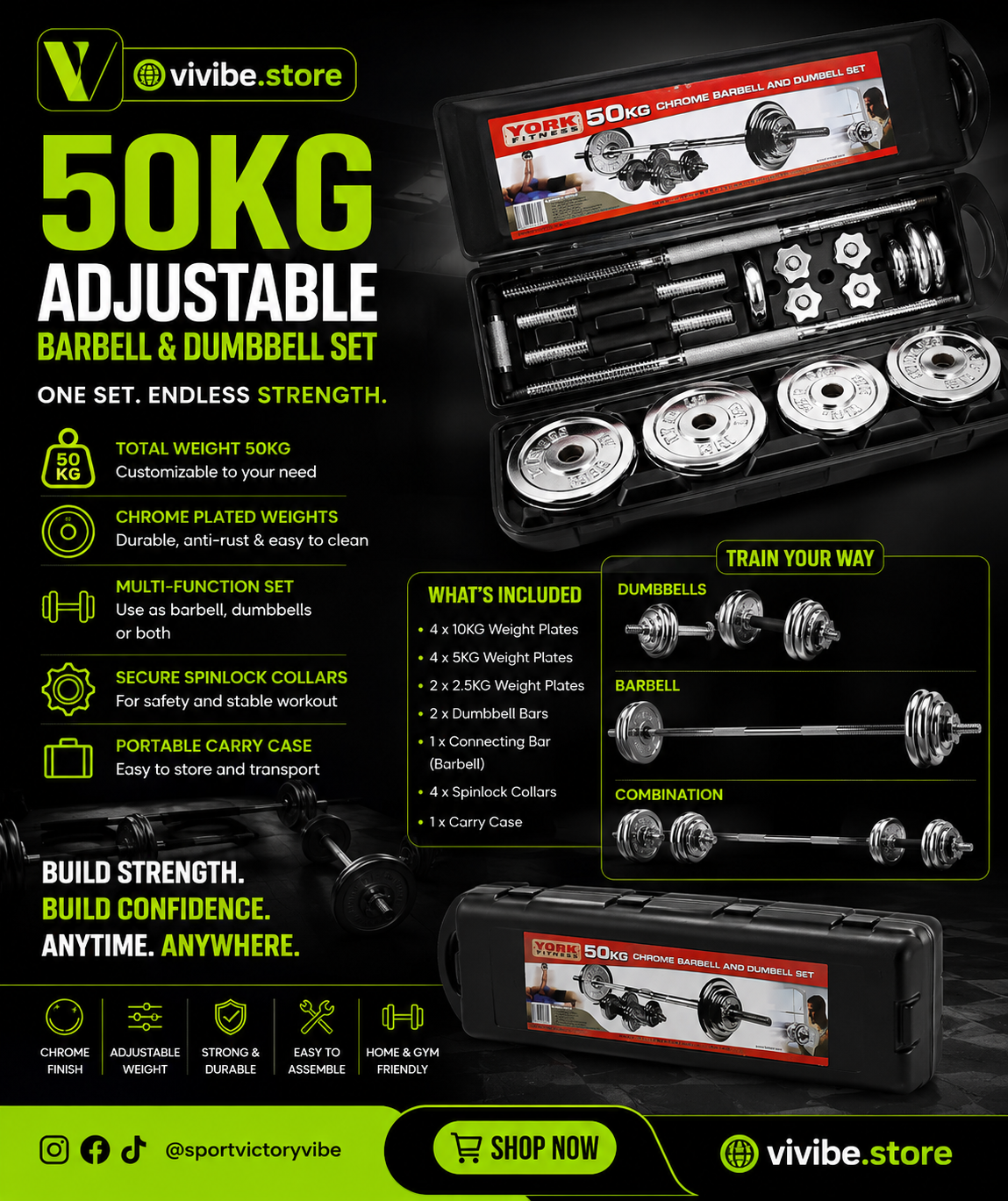 50KG Adjustable Barbell and Dumbbell Set