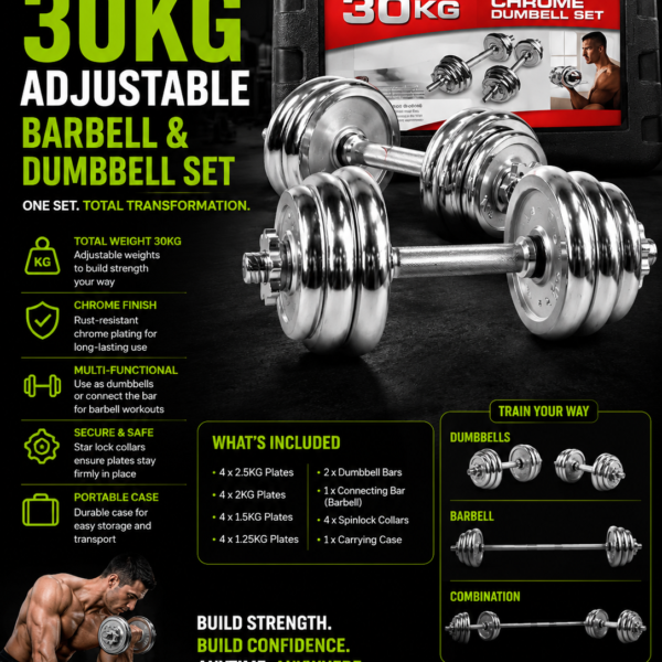 30KG Adjustable Barbell and Dumbbell Set