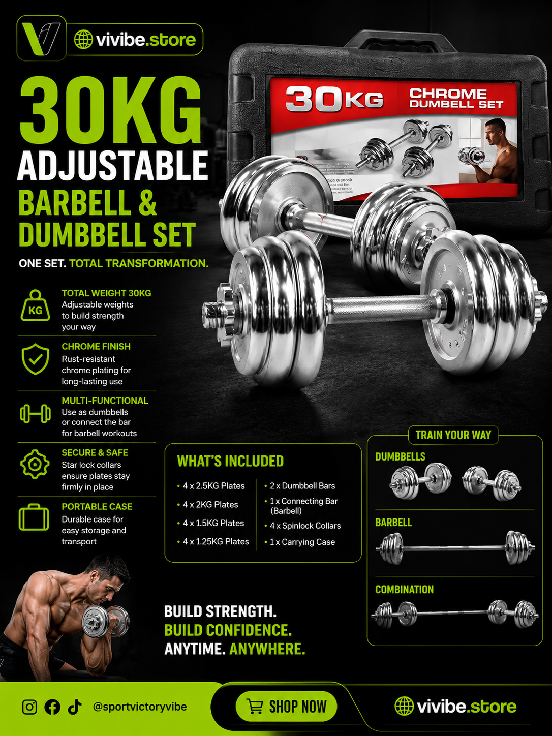30KG Adjustable Barbell and Dumbbell Set